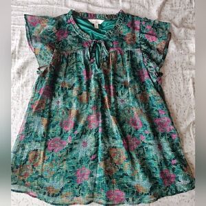 💚Floral Teal Green Floral Top with Ruffle Sleeves